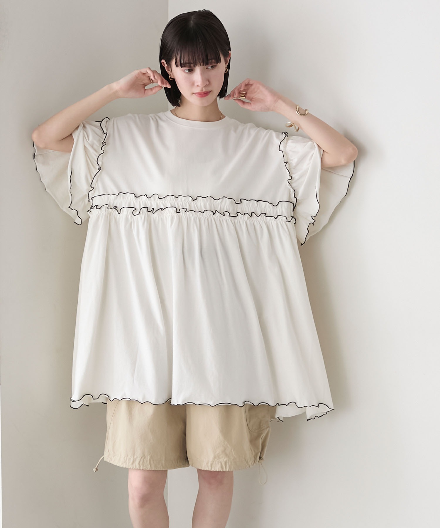 forksy.】フレアスリーブ ハイウエスト切替 フリルメローオーバー