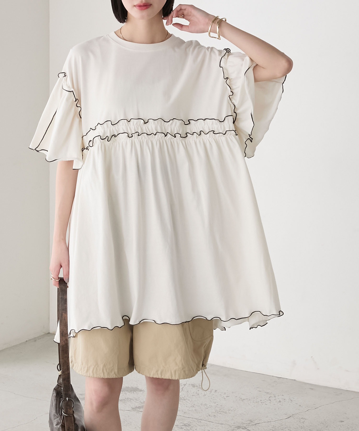 forksy.】フレアスリーブ ハイウエスト切替 フリルメローオーバー