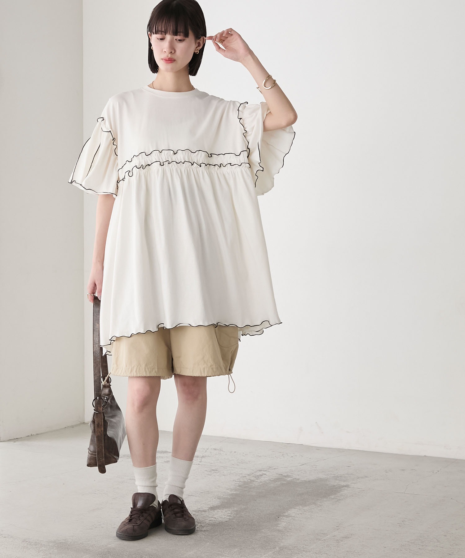 forksy.】フレアスリーブ ハイウエスト切替 フリルメローオーバー