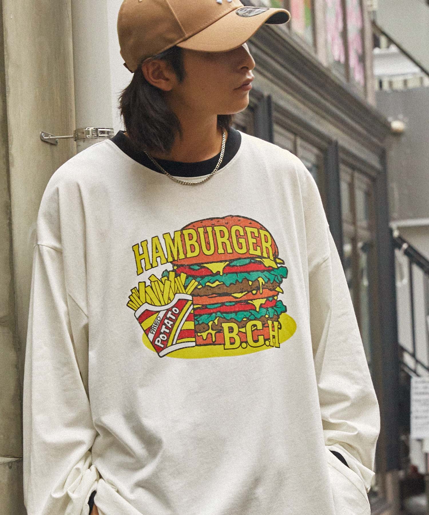 ヴィンテージライクフードショップデザイン リンガー ビッグ長袖T