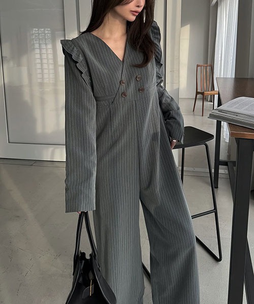 frill shoulder stripe ribbon tie all-in-one