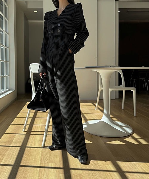 frill shoulder stripe ribbon tie all-in-one