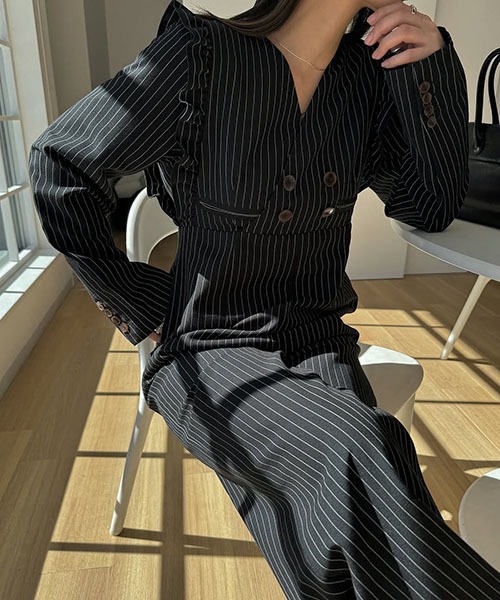 frill shoulder stripe ribbon tie all-in-one