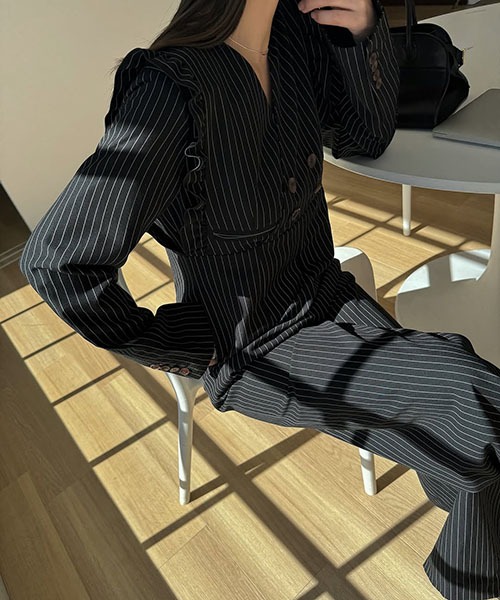 frill shoulder stripe ribbon tie all-in-one