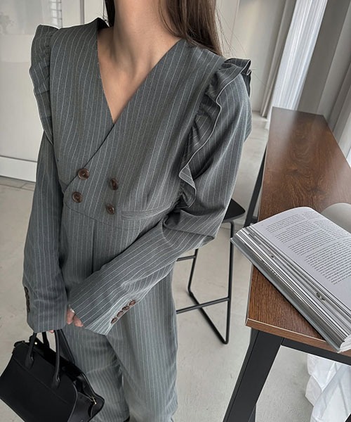 frill shoulder stripe ribbon tie all-in-one