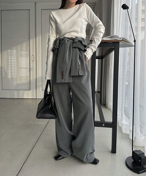 frill shoulder stripe ribbon tie all-in-one