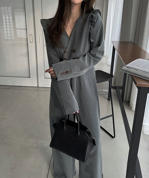 frill shoulder stripe ribbon tie all-in-one