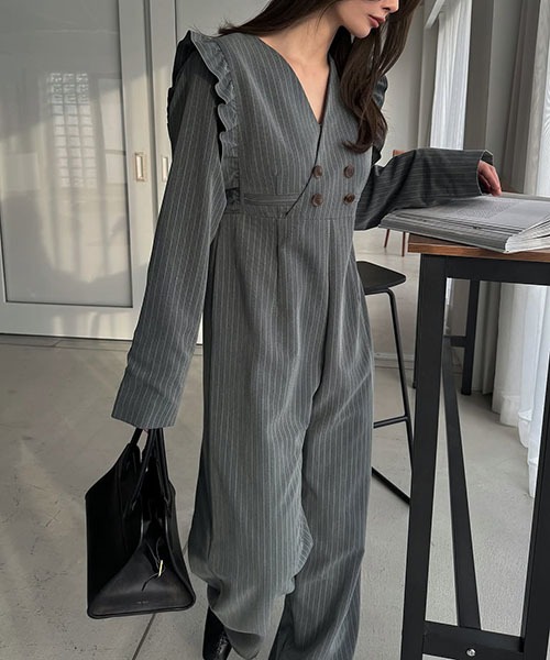 frill shoulder stripe ribbon tie all-in-one