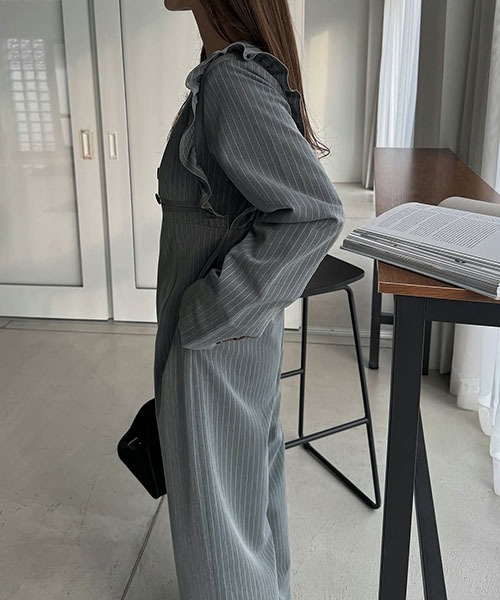 frill shoulder stripe ribbon tie all-in-one