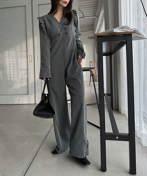 frill shoulder stripe ribbon tie all-in-one