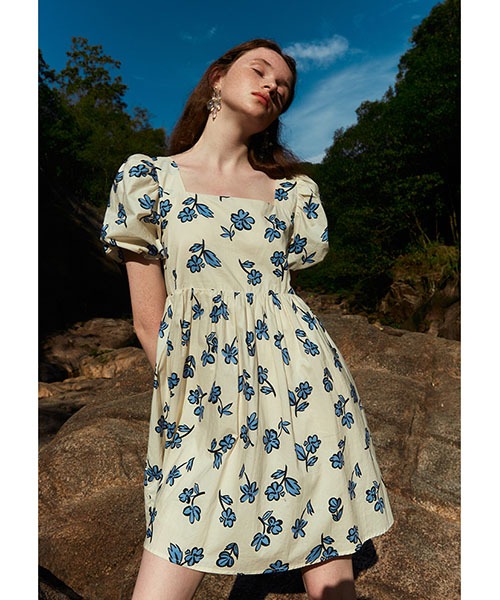 Fano Studios】Blue flower pattern A-line dress FX21L184