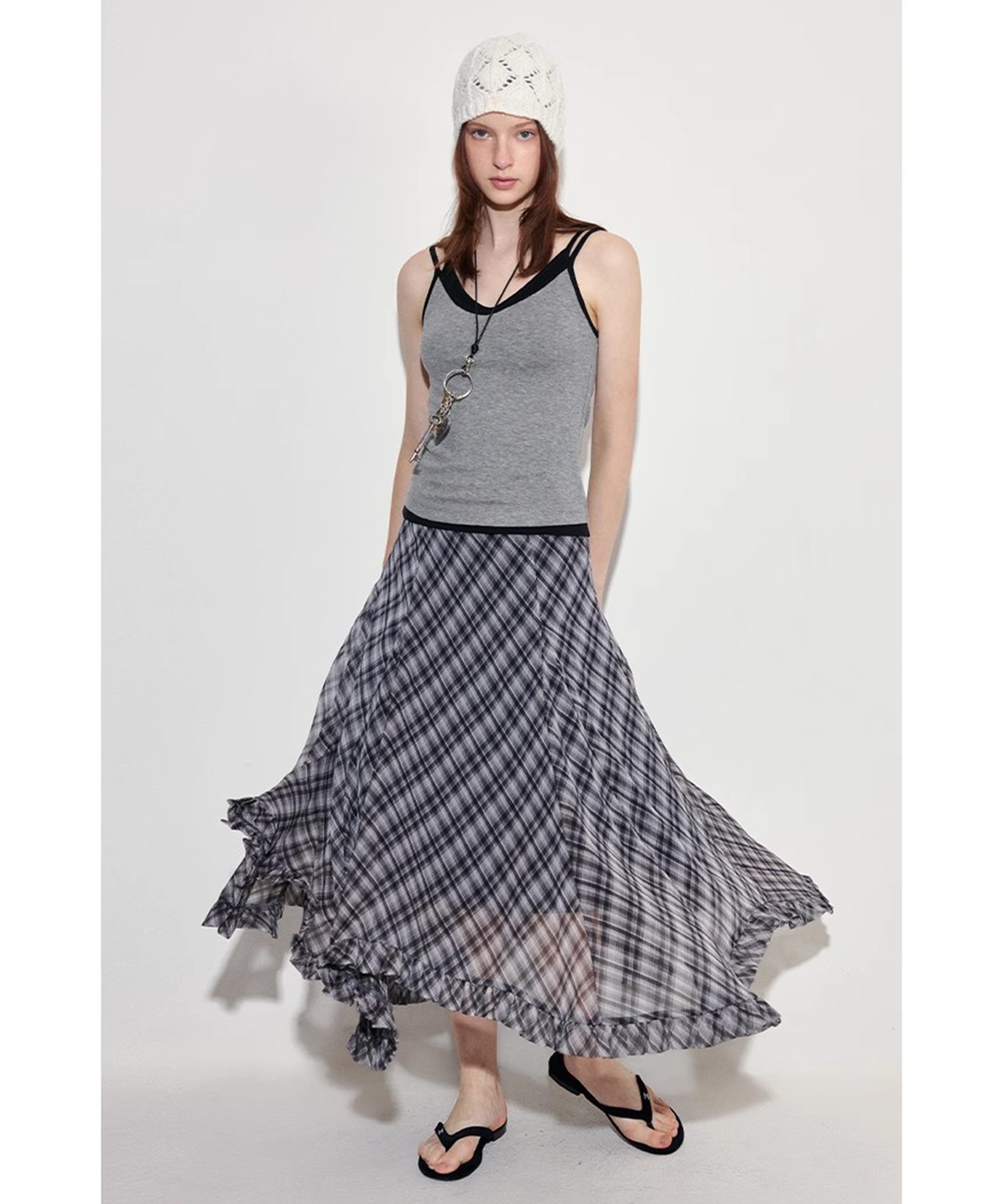 チェック柄 フリルロングスカート FX25B056【Fano Studios】【2025SS