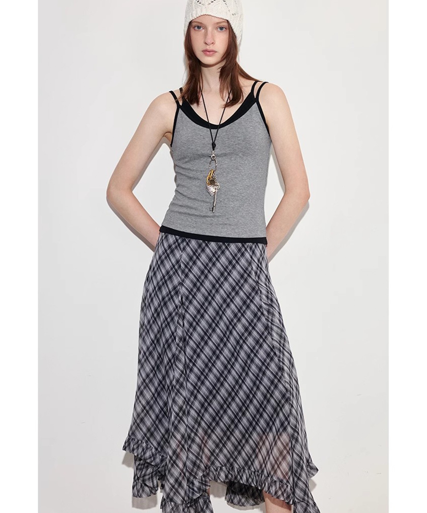 チェック柄 フリルロングスカート FX25B056【Fano Studios】【2025SS