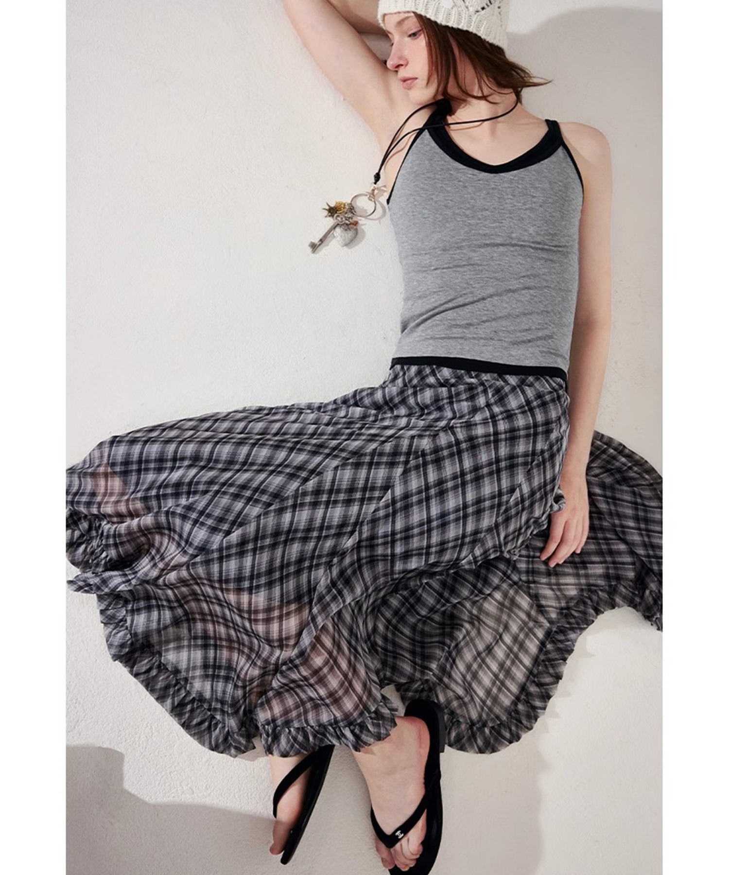 チェック柄 フリルロングスカート FX25B056【Fano Studios】【2025SS