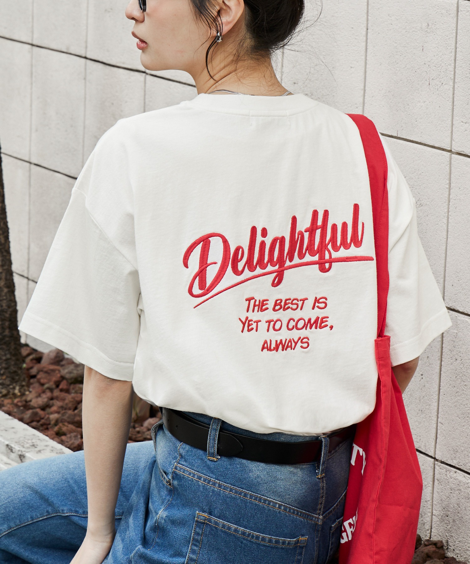 カレッジロゴ刺繍 サイドスリット オーバーサイズ 半袖Tシャツ MONO