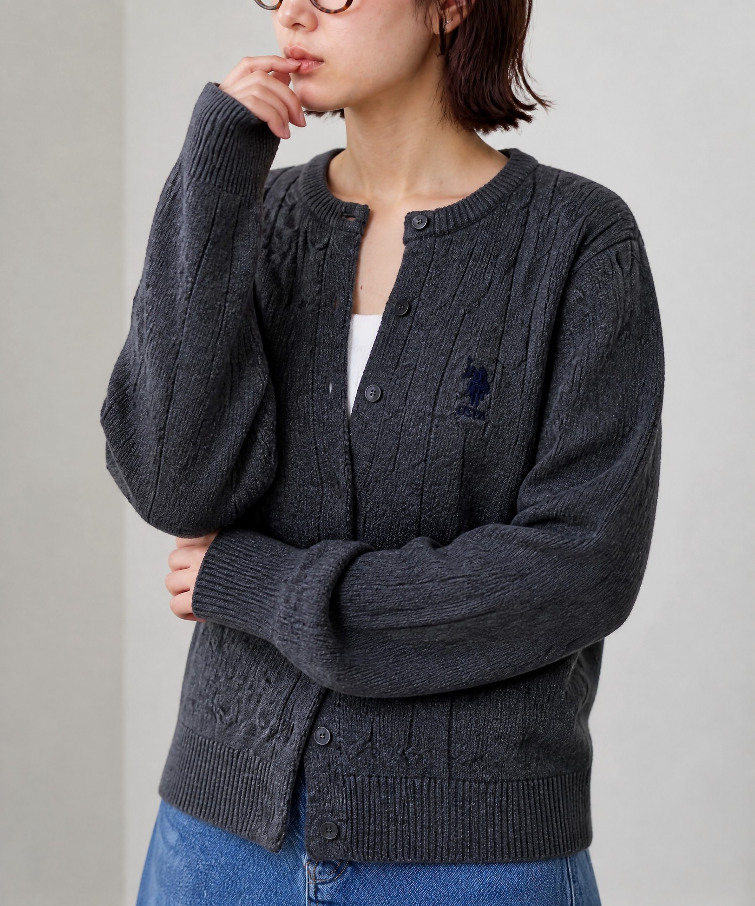 U.S. POLO ASSN./ユーエスポロアッスン 別注 ロゴ刺繍 ケーブル編み