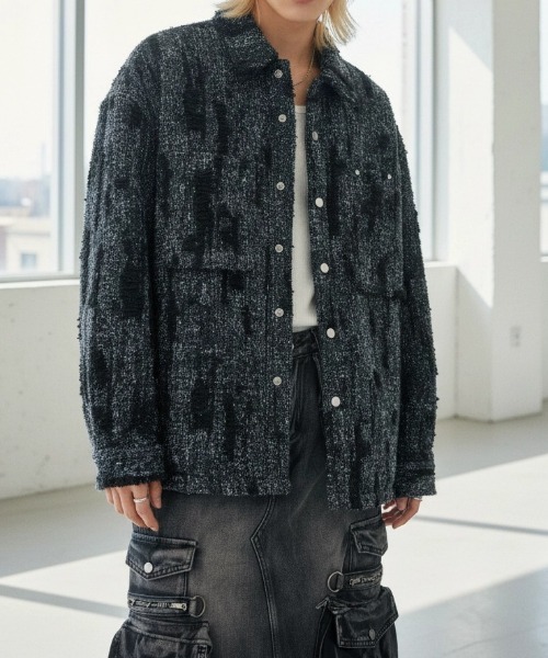 A'GEM/9 × .kom 『BENUSTA/べネスタ』Fringe Texture Tweed Shirt