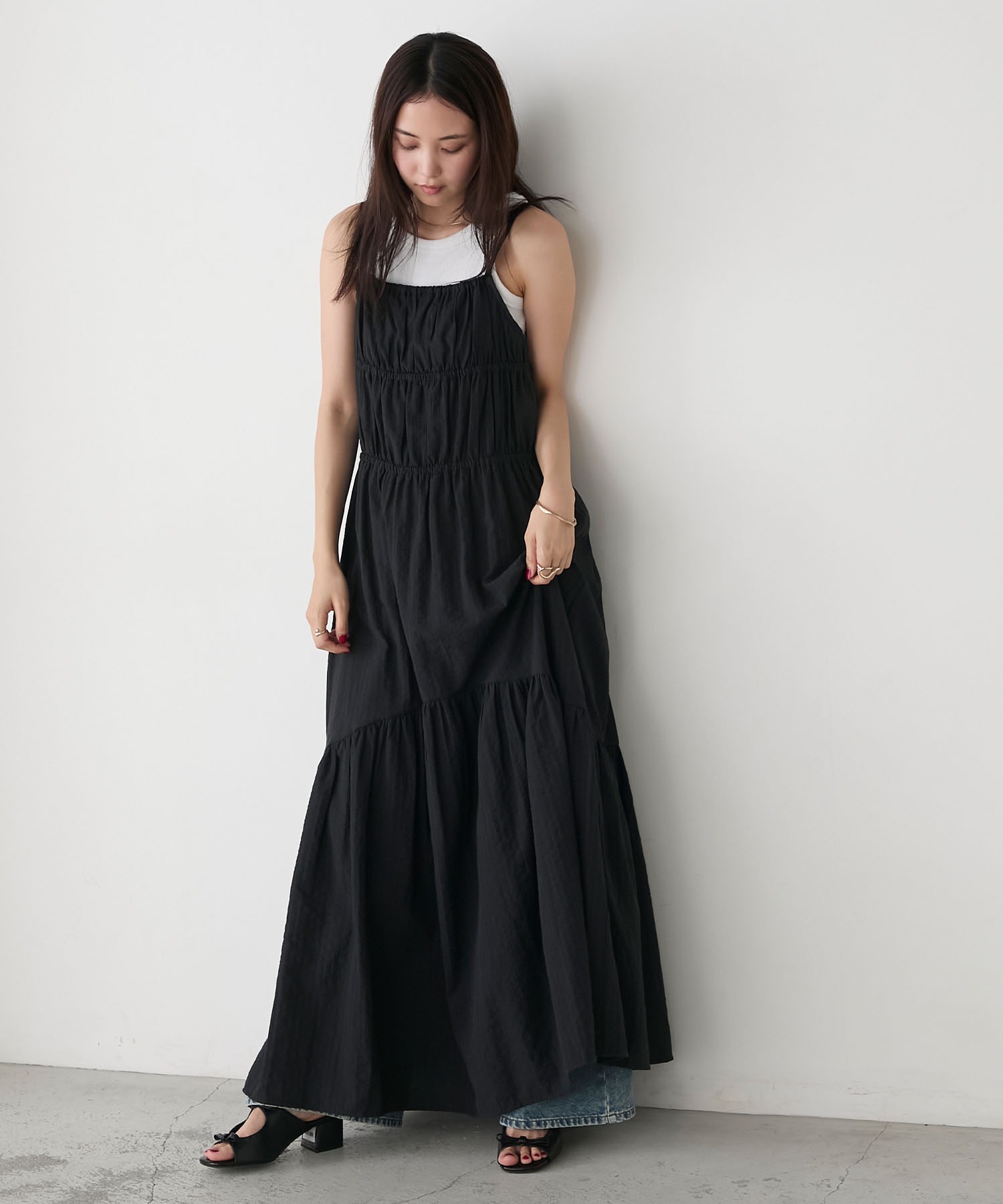 forksy.】シャーリング ティアード リボンキャミワンピース forksy