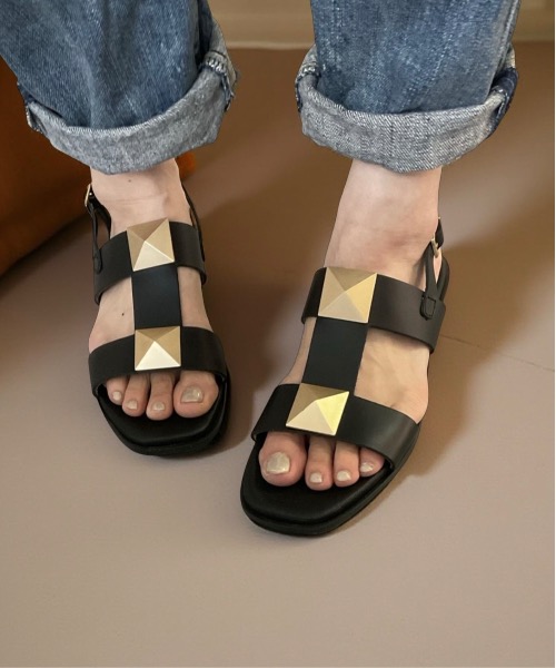 本革/軽量/185g】スクエアバックルストラップサンダル ALL BLACK