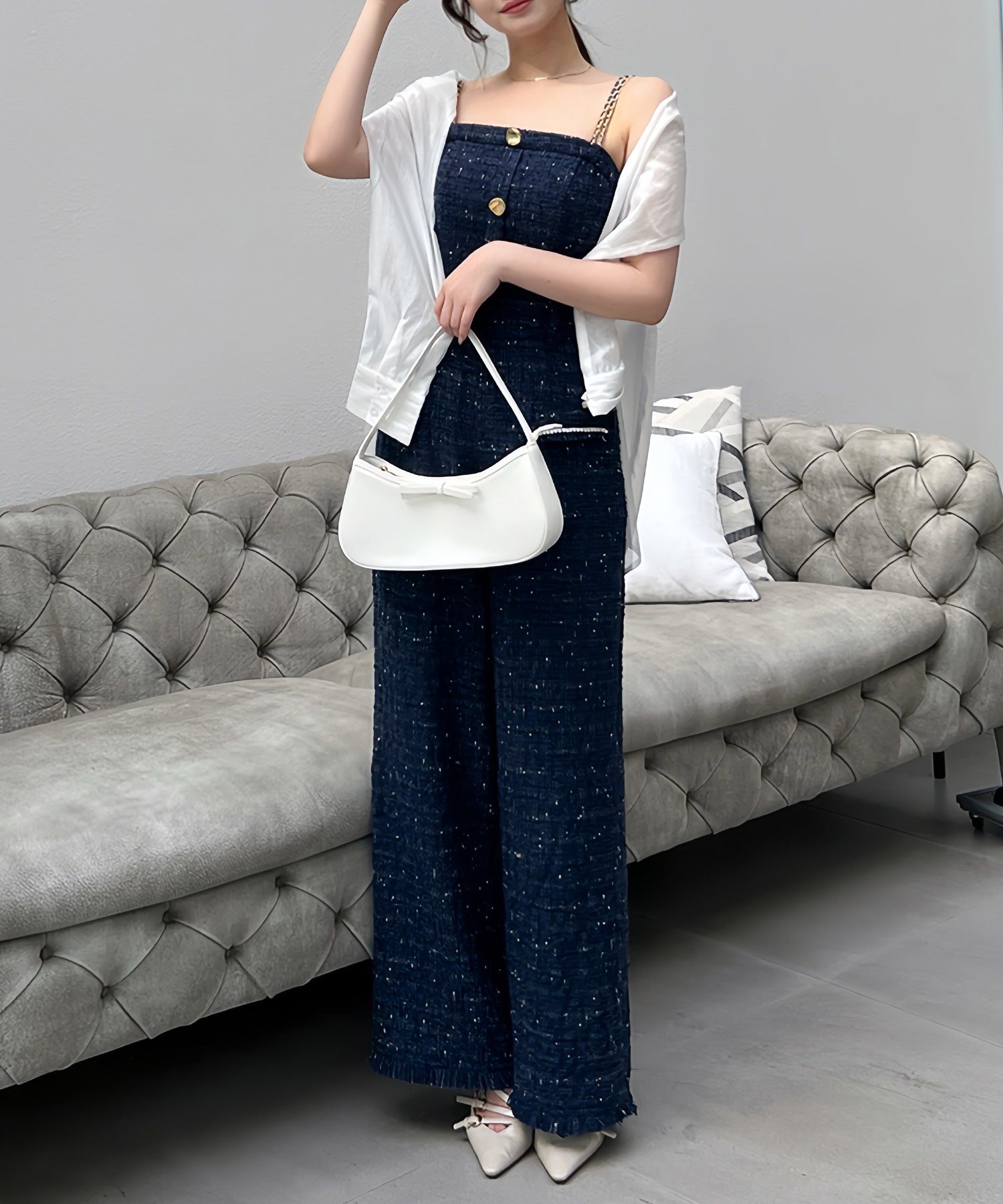 ダブルチェーンストラップツイードオールインワン