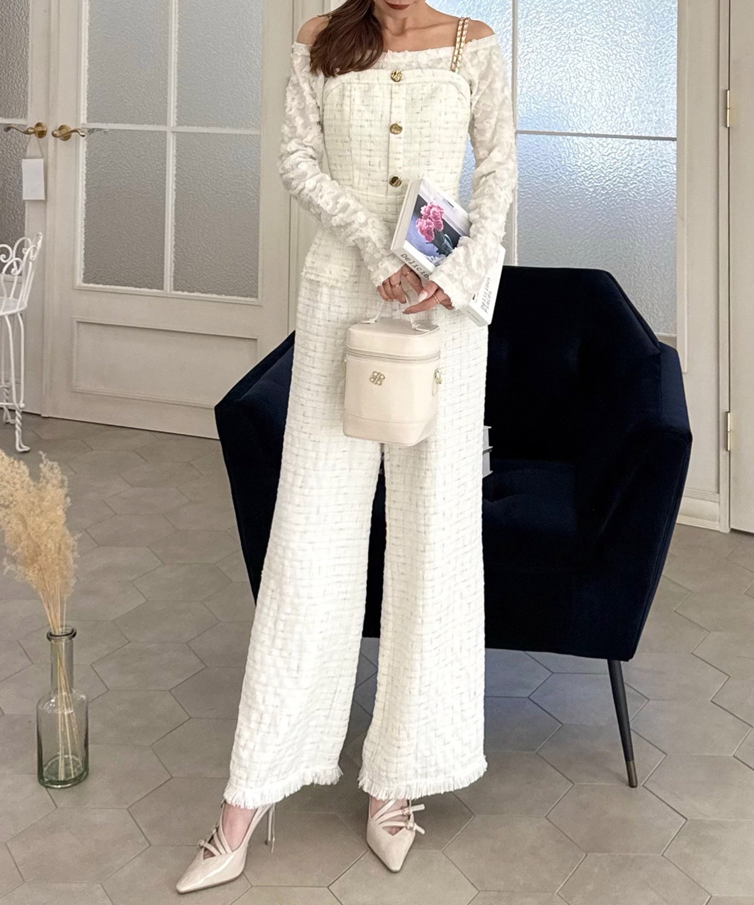 ダブルチェーンストラップツイードオールインワン