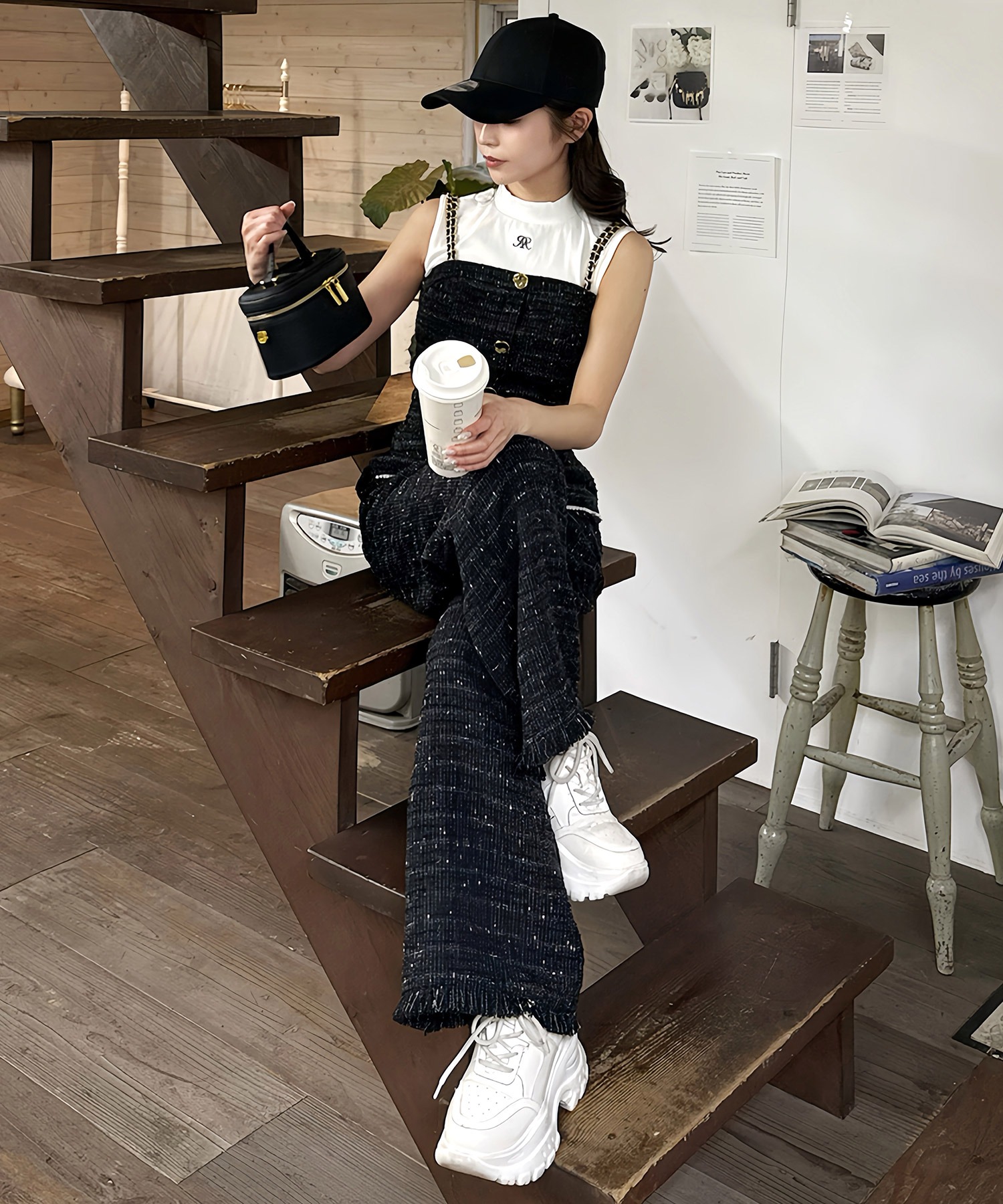 ダブルチェーンストラップツイードオールインワン