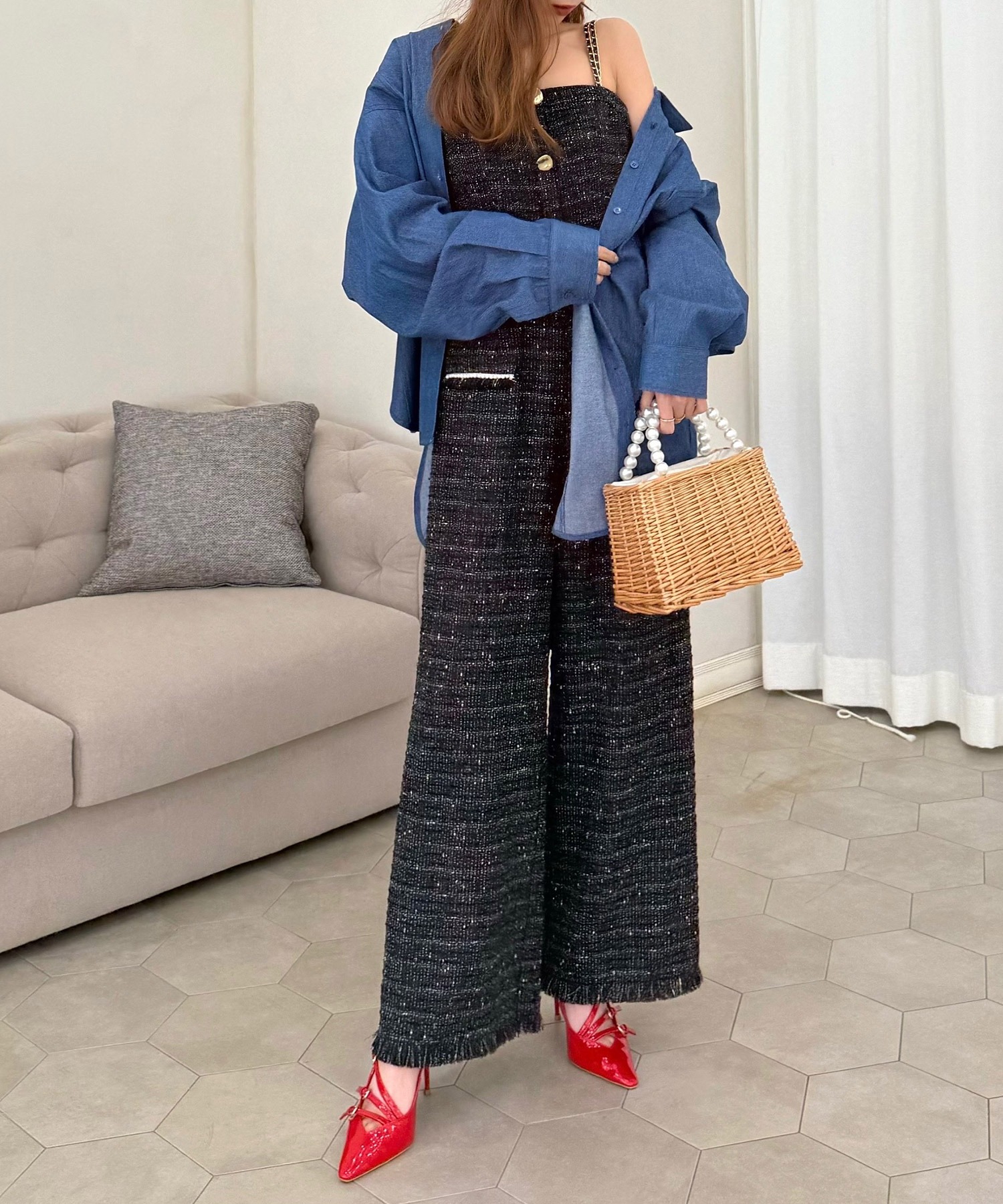 ダブルチェーンストラップツイードオールインワン