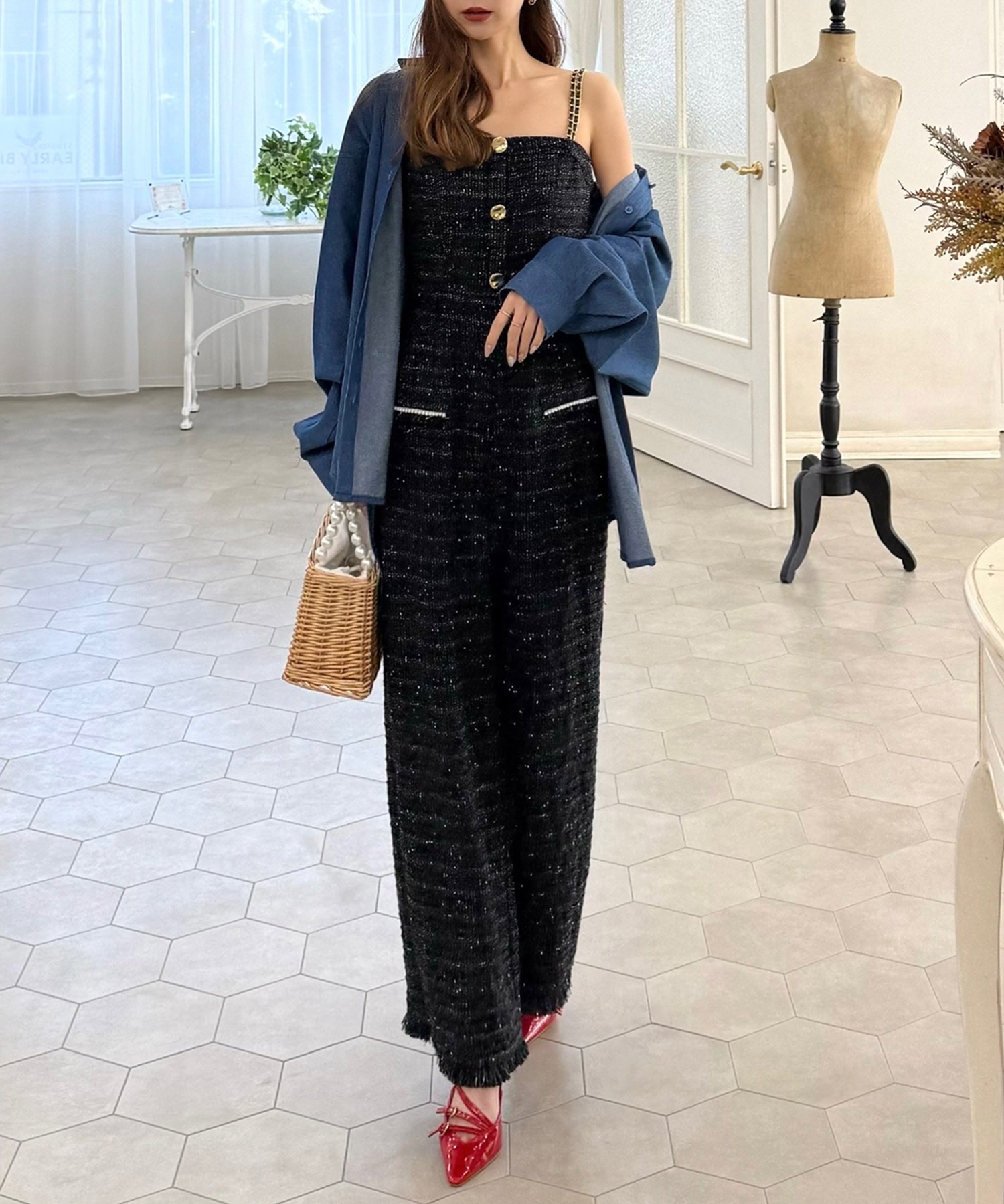 ダブルチェーンストラップツイードオールインワン