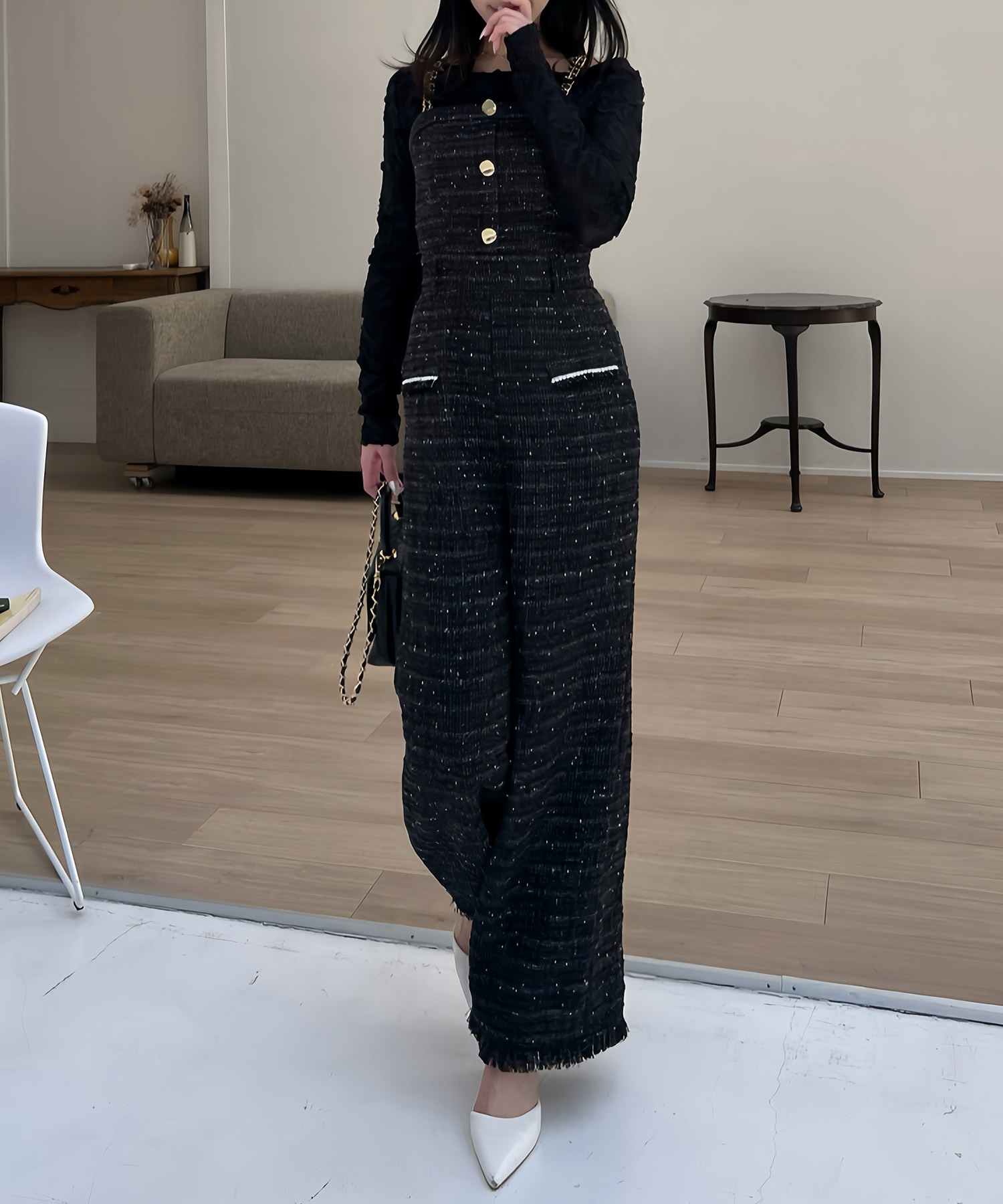 ダブルチェーンストラップツイードオールインワン