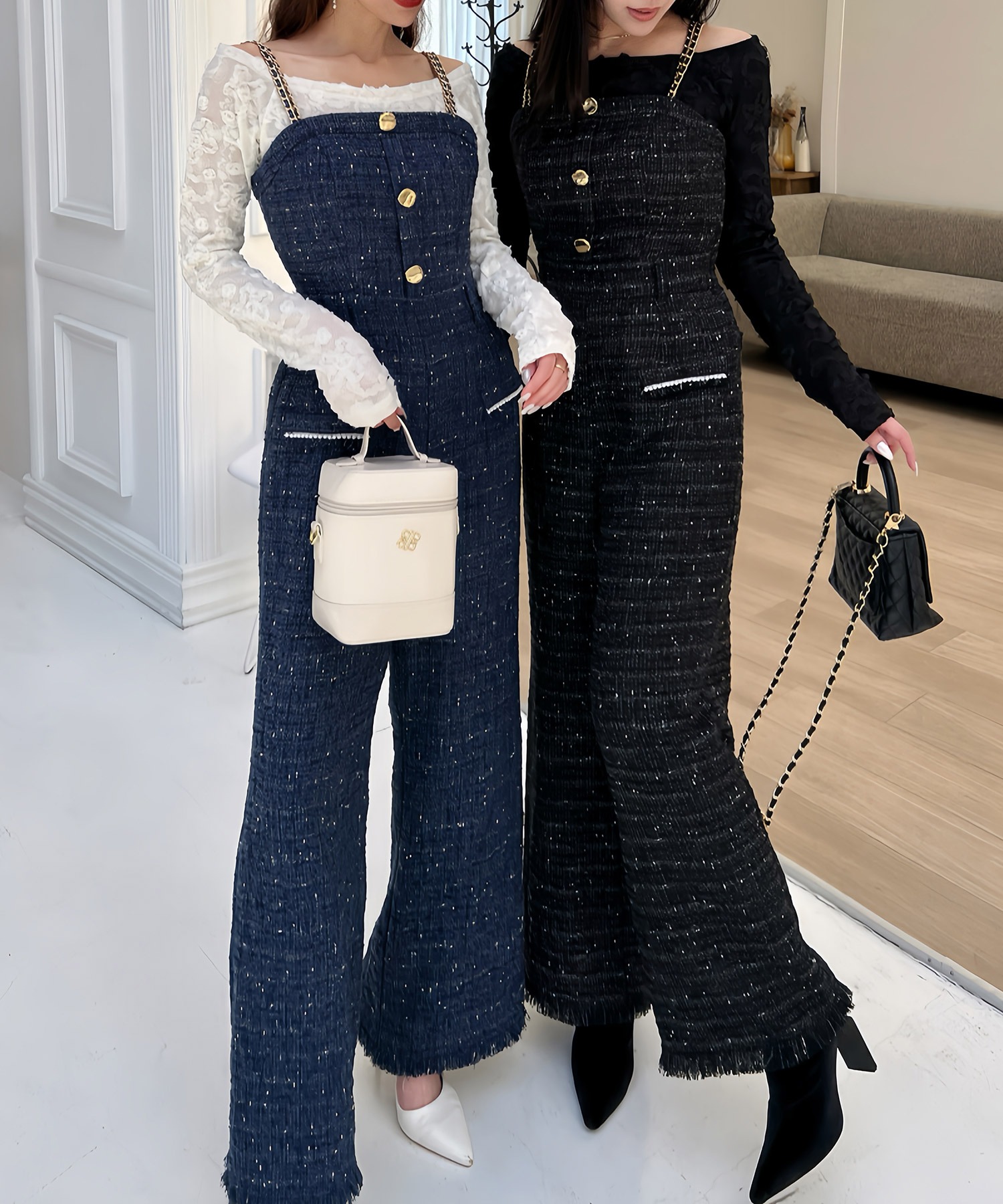 ダブルチェーンストラップツイードオールインワン