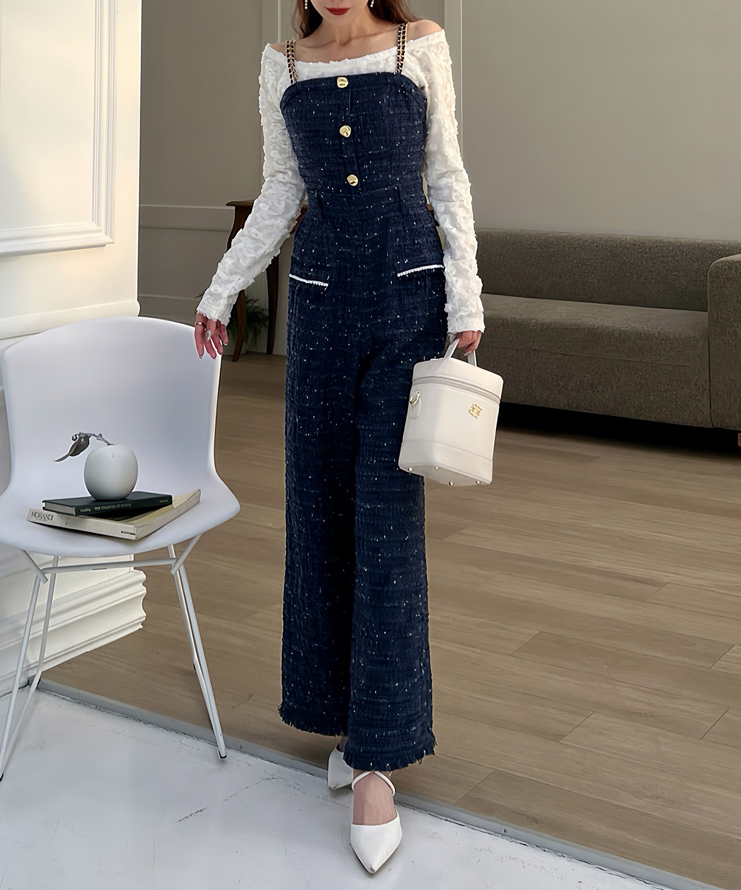 ダブルチェーンストラップツイードオールインワン