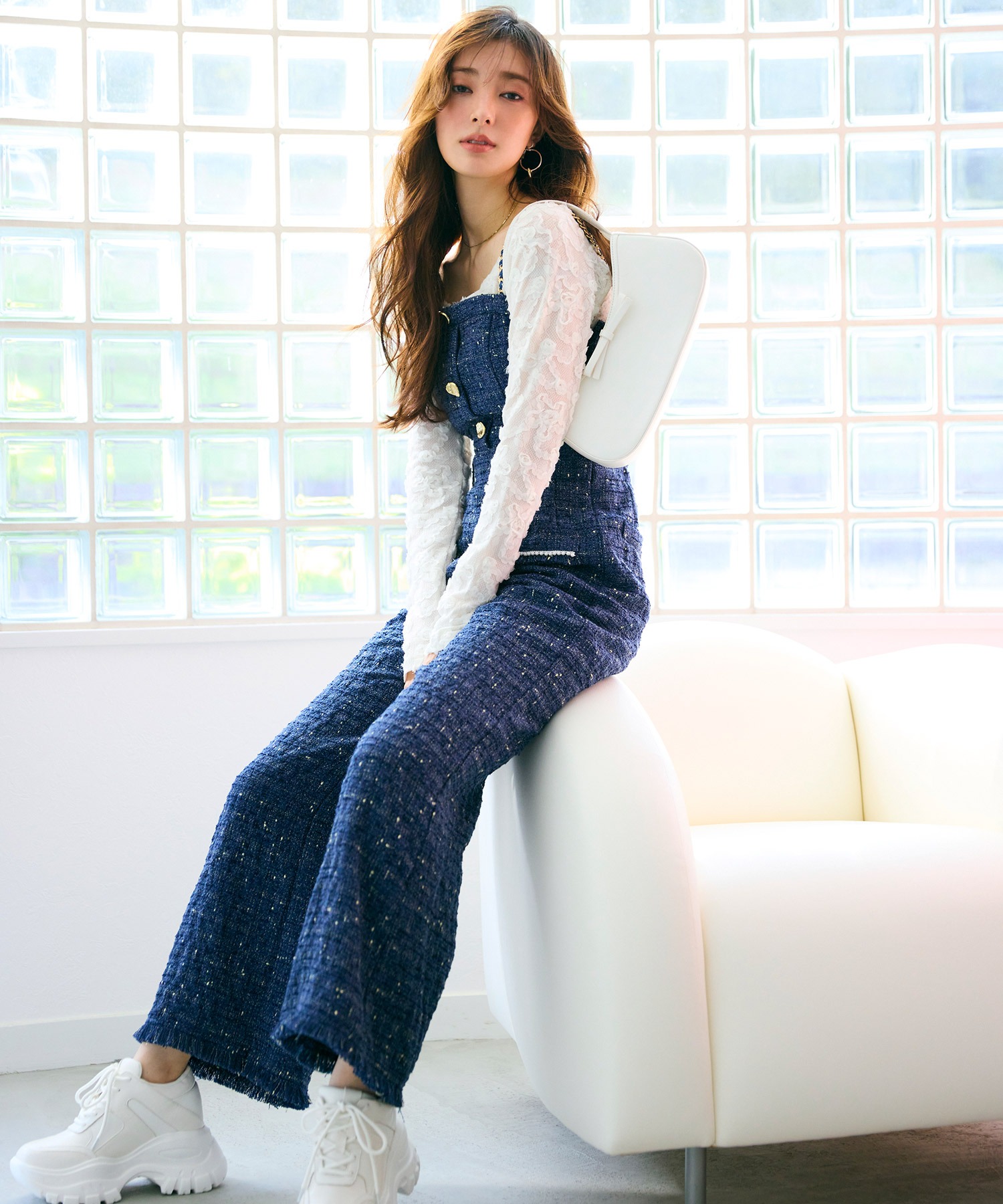 ダブルチェーンストラップツイードオールインワン