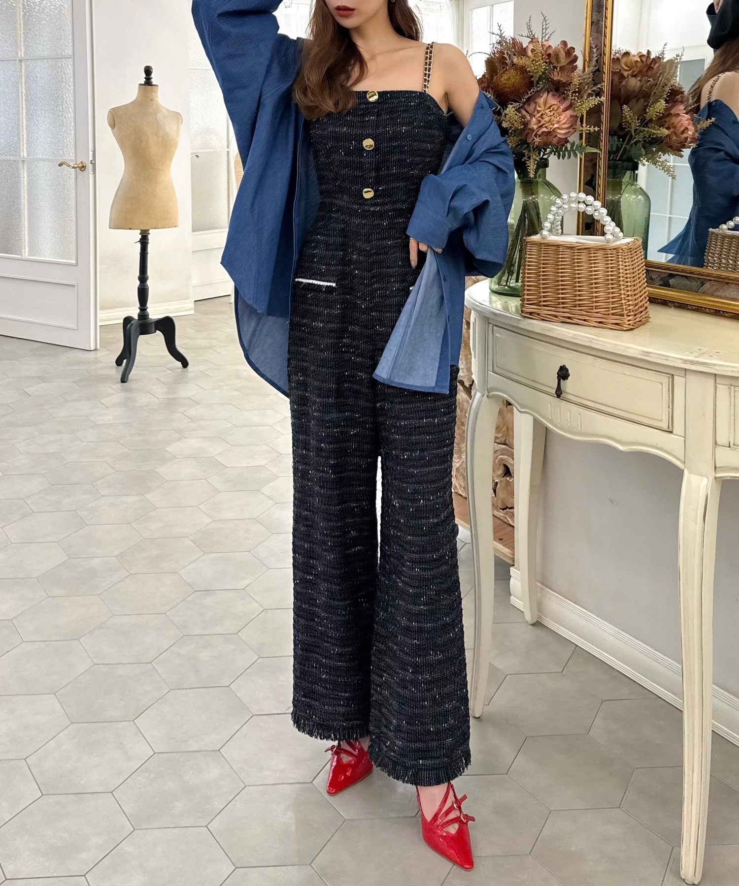 ダブルチェーンストラップツイードオールインワン