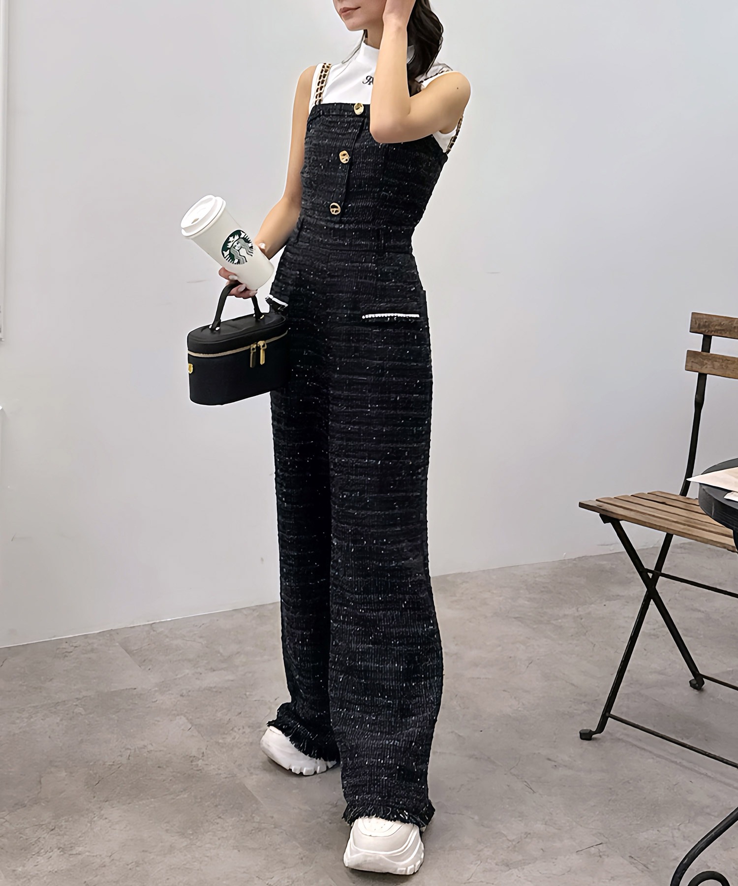 ダブルチェーンストラップツイードオールインワン