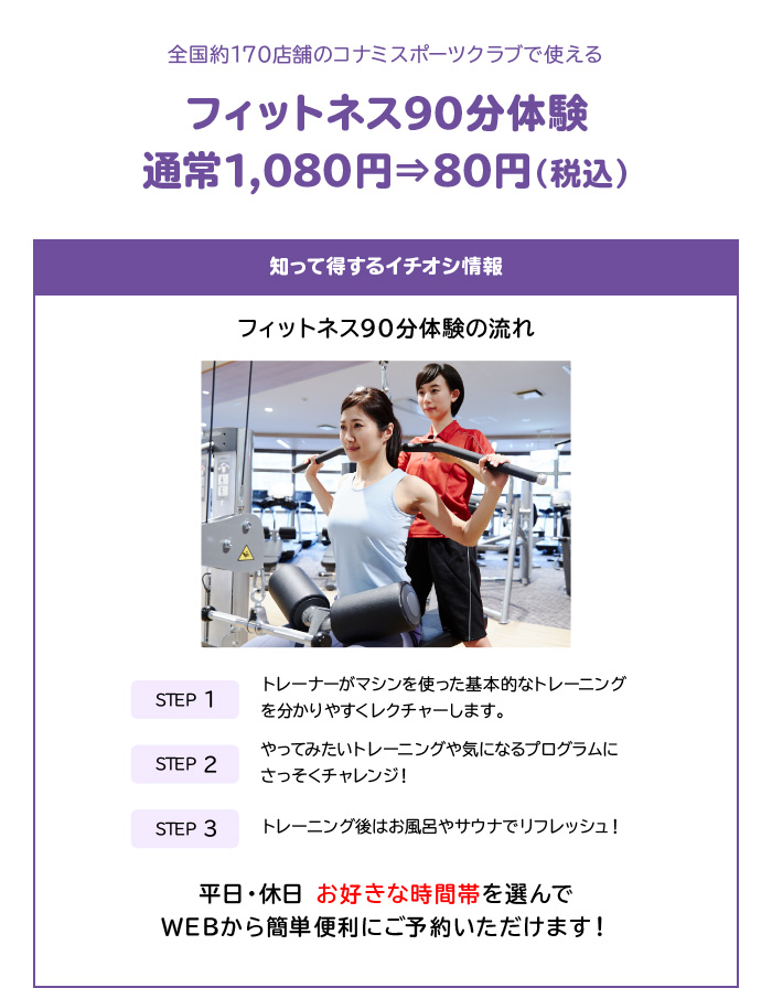 「コナミスポーツクラブ」で使えるフィットネス90分体験1,000円割引クーポン