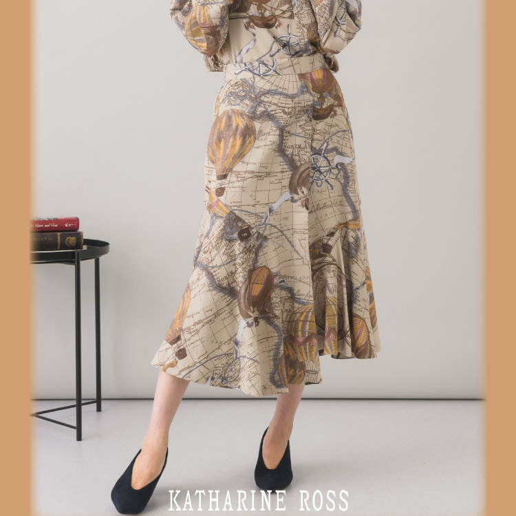 キャサリンロス 水彩画スカート KATHARINE ROSS ウエストゴム KATHARINE ROSS】エッチングプリントスカート（スカート