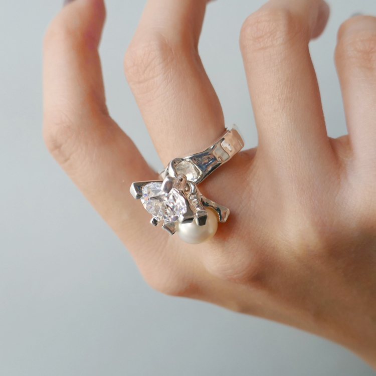 SILVER925ジルコニア・パールゆれリング/メンズ/レディース（リング