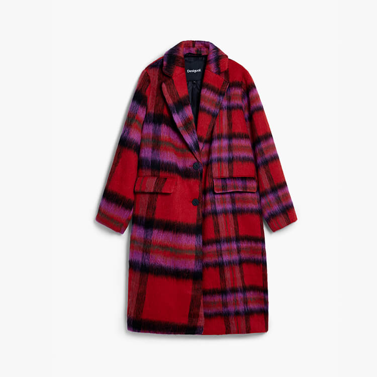 レッドタータンチェック Vネックロングウールコート 韓国風