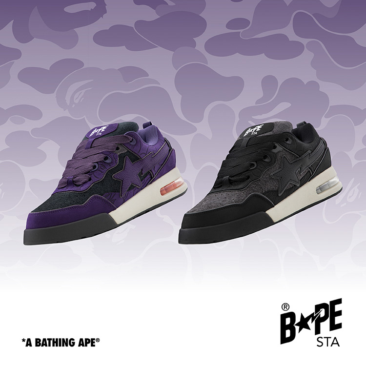A BATHING APE�i�A �x�C�V���O �G�C�v�j�̃V���b�v�j���[�X�u�����O�w�A�X�G�[�h���̗p���� FLIP STA �Ƀp�[�v���ƃu���b�N���o�ꄠA BATHING APE�v
