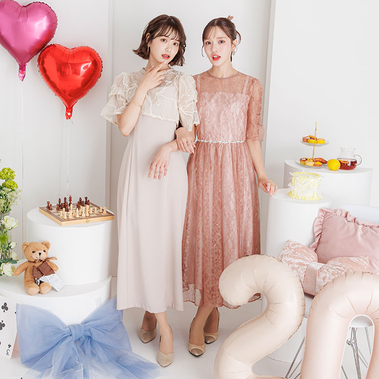 サテンリボンラメレース袖付きミモレパーティードレス 結婚式 お呼ばれ