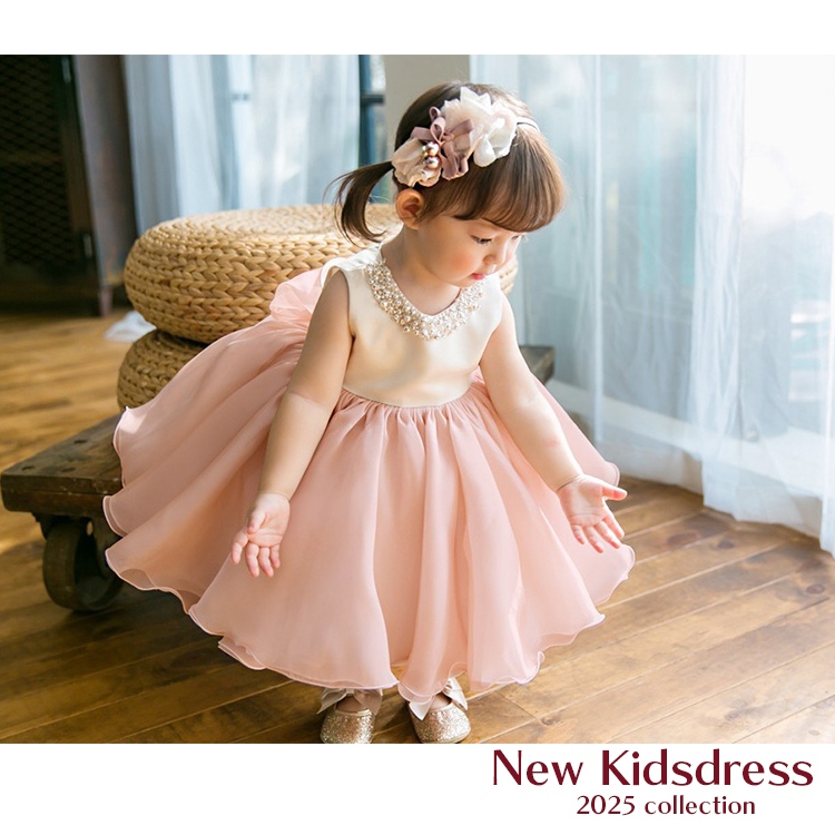 キッズ キラキラビジューのふっくらチュールドレス+リボン 2点