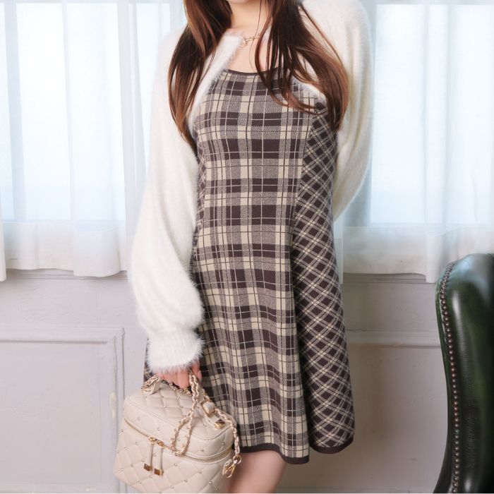 レトロチェックアンサンブルニットワンピース（ワンピース