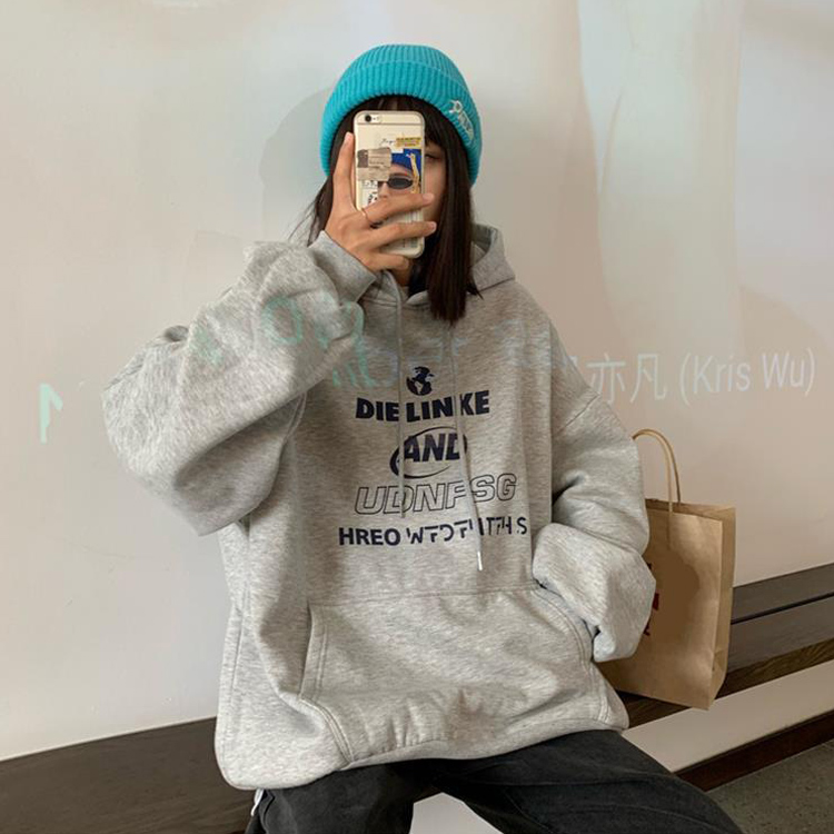 ラインストーンロゴプリント 裏起毛スウェットプルオーバーフード付き