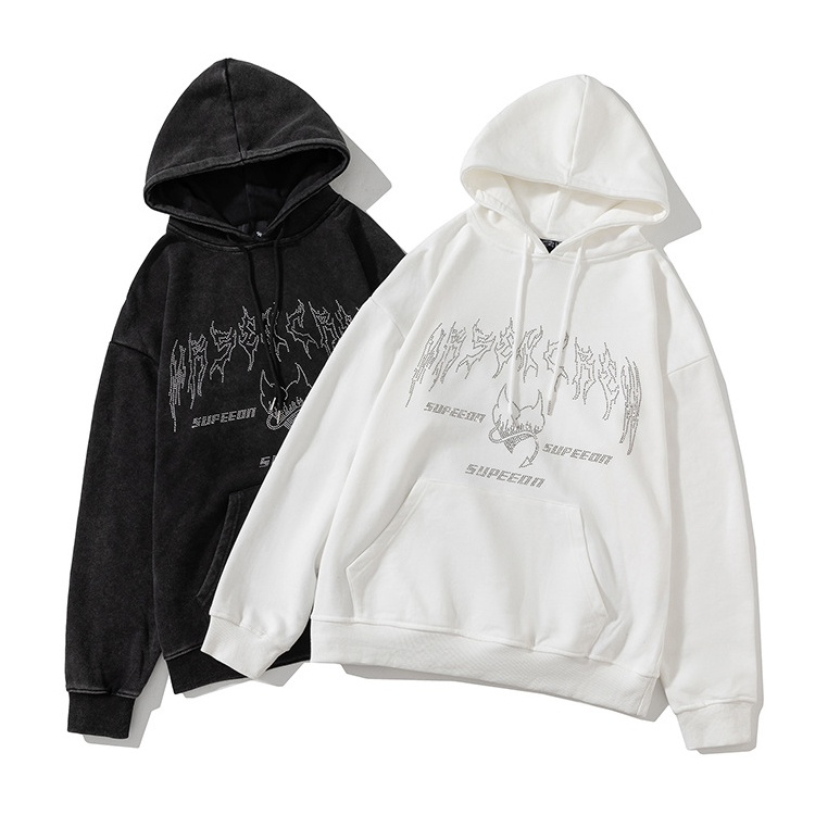 ラインストーンロゴプリント 裏起毛スウェットプルオーバーフード付き