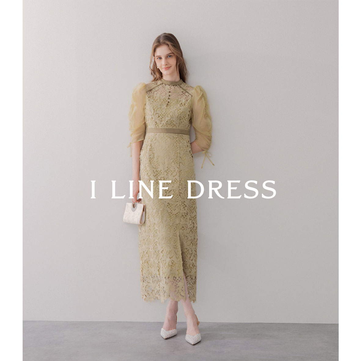 LEJA】異素材シアー刺繍レース透け感プリーツスリーブIラインペンシル