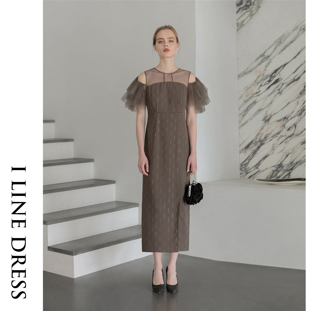 セール】【LEJA】ツイード柄ハイウエストソフトパフスリーブ半袖