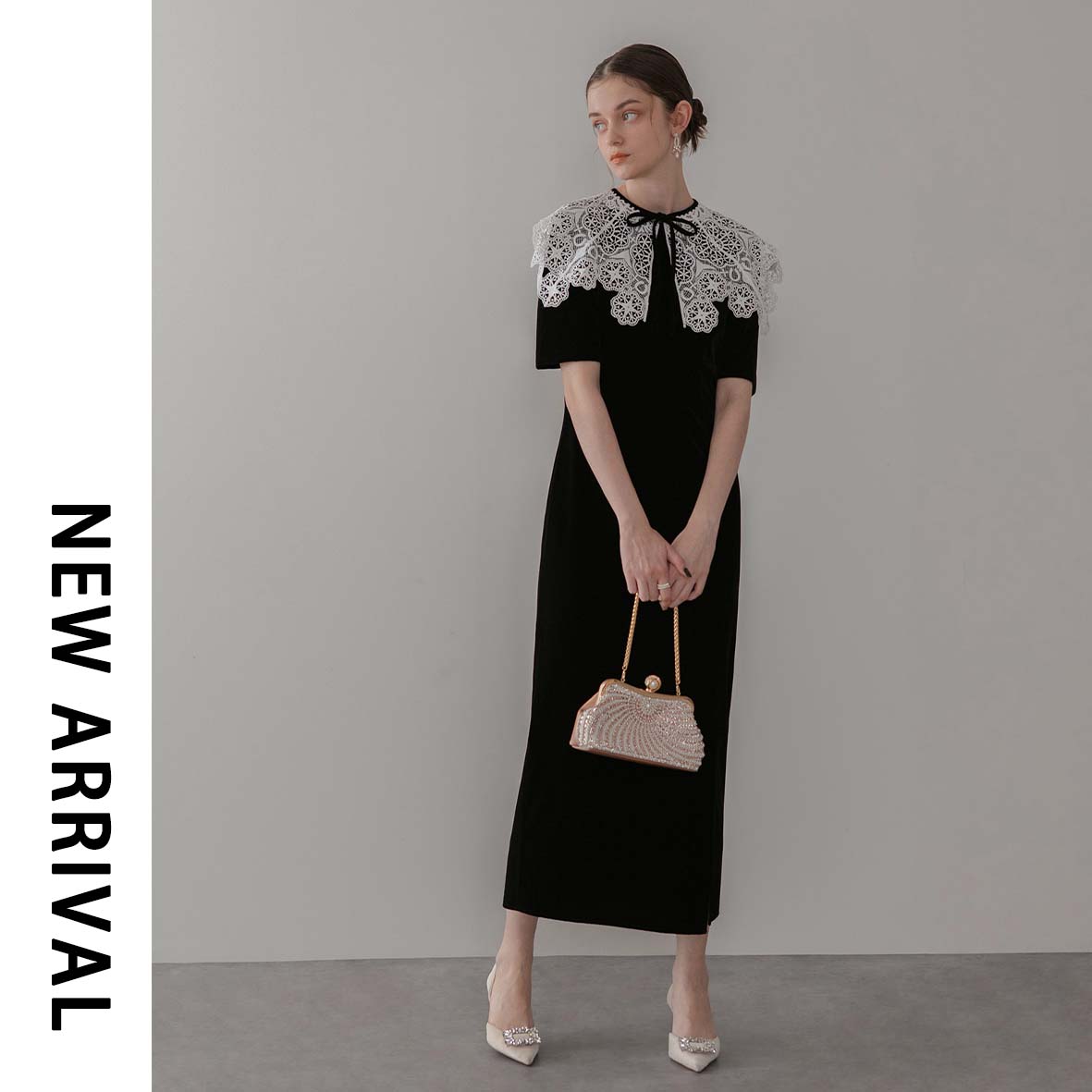 フラワーレースドットストーンチュールIラインワンピースドレス結婚式二次会成人式 当日発送】フラワーレースドットストーンチュールIラインワンピースドレス