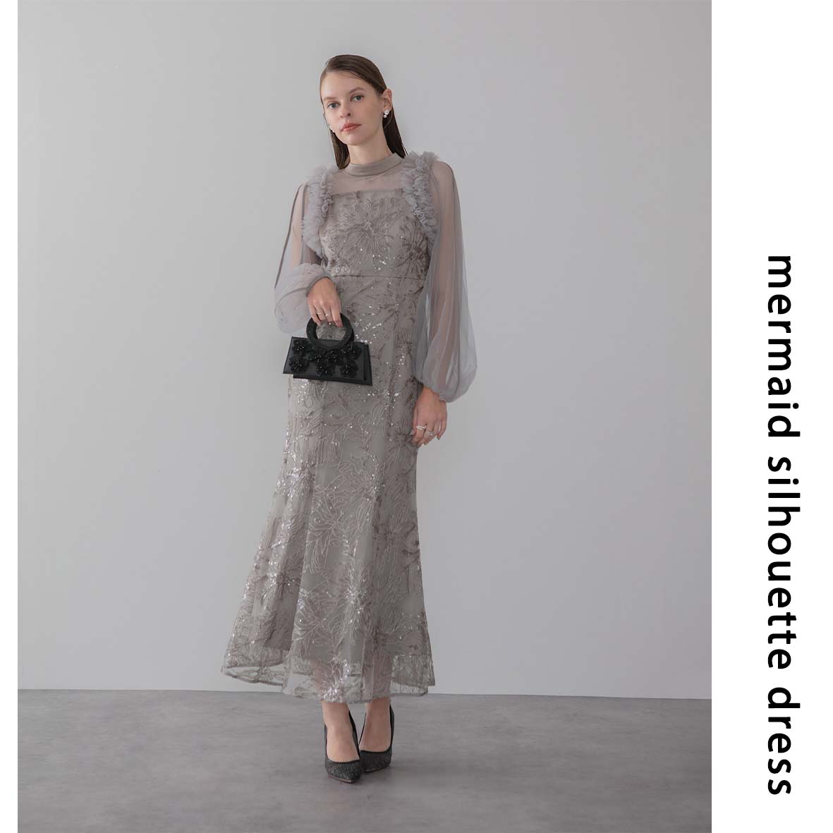 LEJA】スパンコールフラワーリボンチュールワンピースドレス 美脚効果