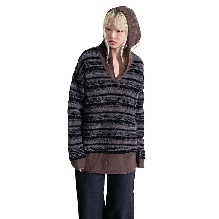 PERVERZE グレー系ストライプ ニットセーター Stripe Patch Mohair Top（ニット/セーター）｜PERVERZE