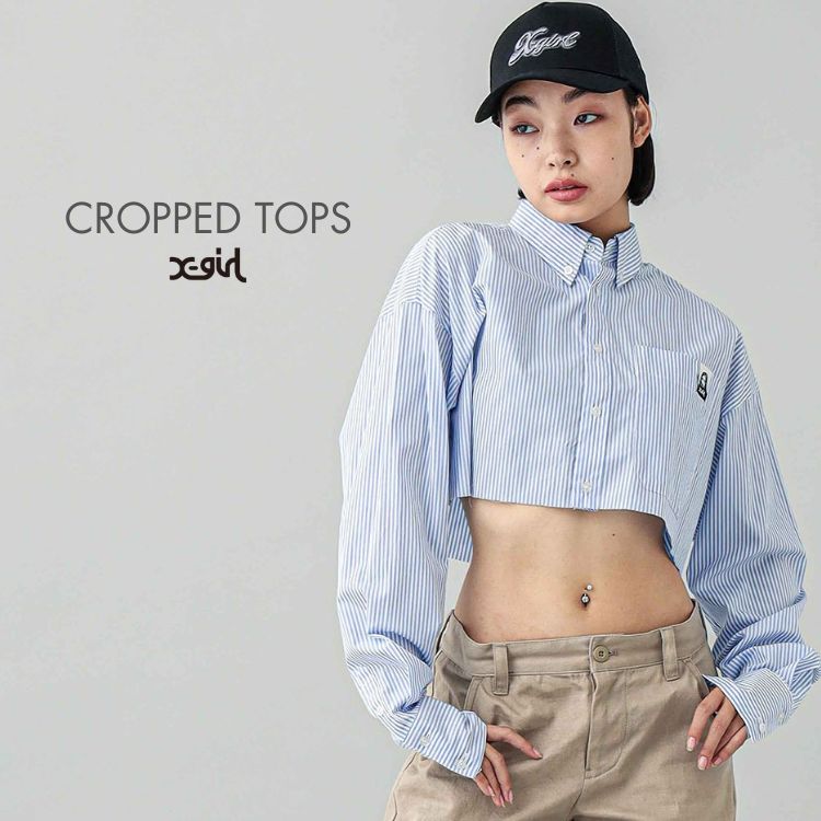 LOGO AND STRIPE CROPPED S/S TOP（Tシャツ/カットソー）｜X-girl 
